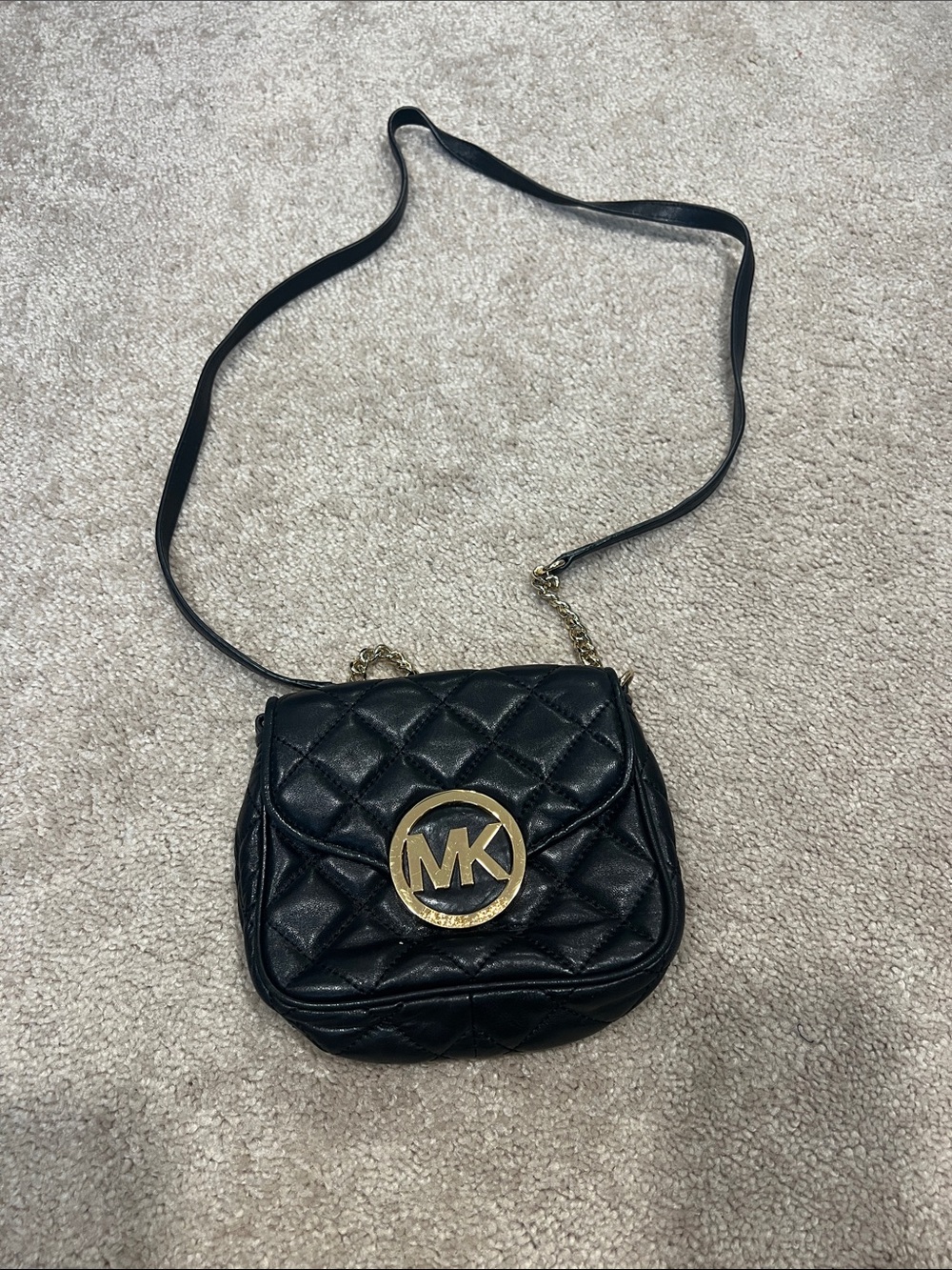 Michael Kors Black Quilted Crossbody with Gold MK Medallion